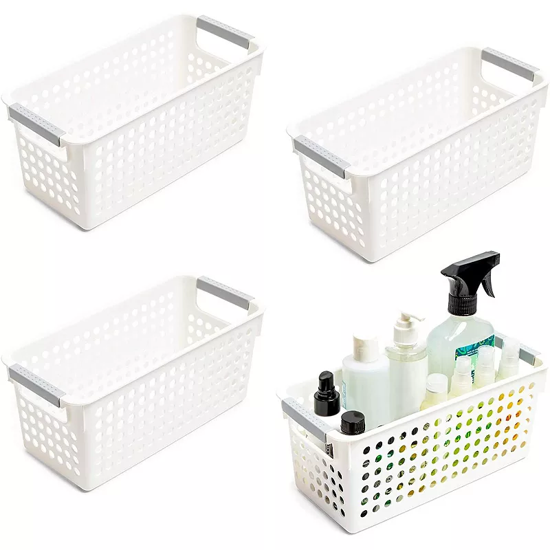 Farmlyn Creek Plastic Storage Baskets， White Nesting Bin Containers with Grey Handles (4 Pack)