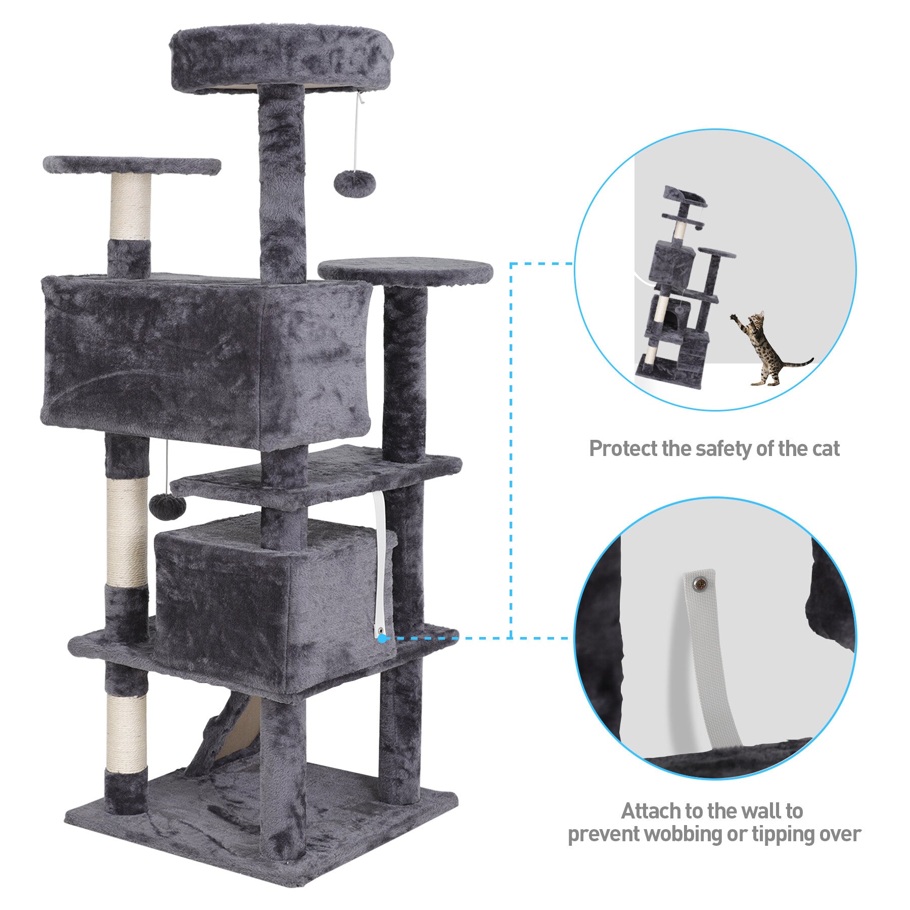 HomGarden 55''H Multi-Level Soft Cat Tree Condo Cat Tower W/Scratching Posts and Top Perch， Gray