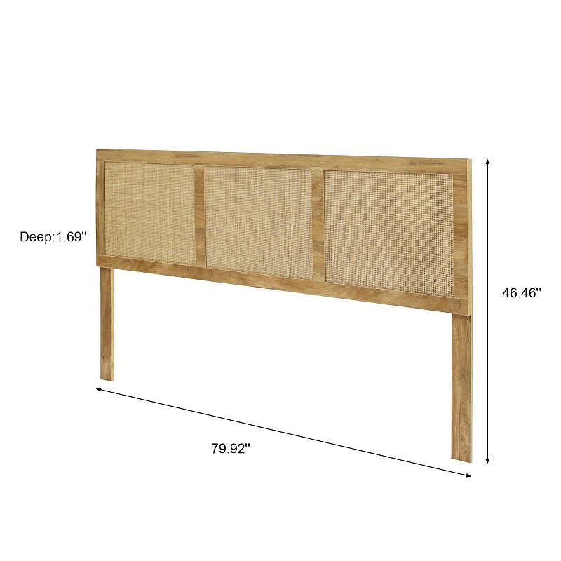 LuxenHome Oak Finish Manufactured Wood With Natural Rattan Panels Headboard， King