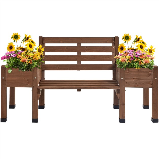 Yaheetech 2 In 1 Outdoor Solid Wood Double bench For Patio Backyard Brown