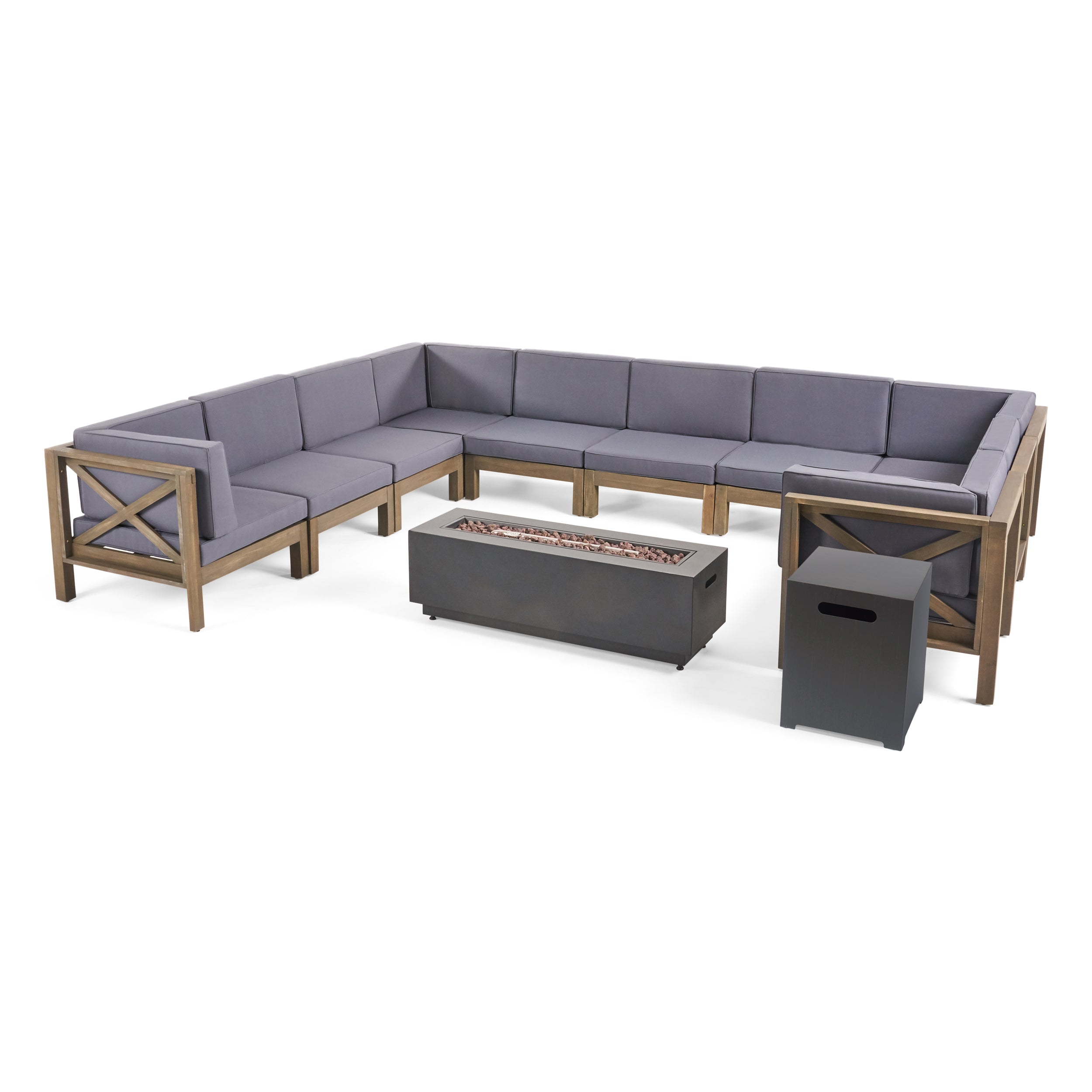 Lorelei Outdoor Acacia Wood 10 Seater U-Shaped Sectional Sofa Set with Fire Pit