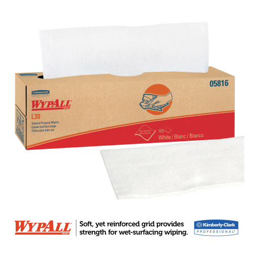 WypAll L30 Towels， POP-UP Box， 9.8 x 16.4， White， 120/Box， 6 Boxes/Carton (05816)