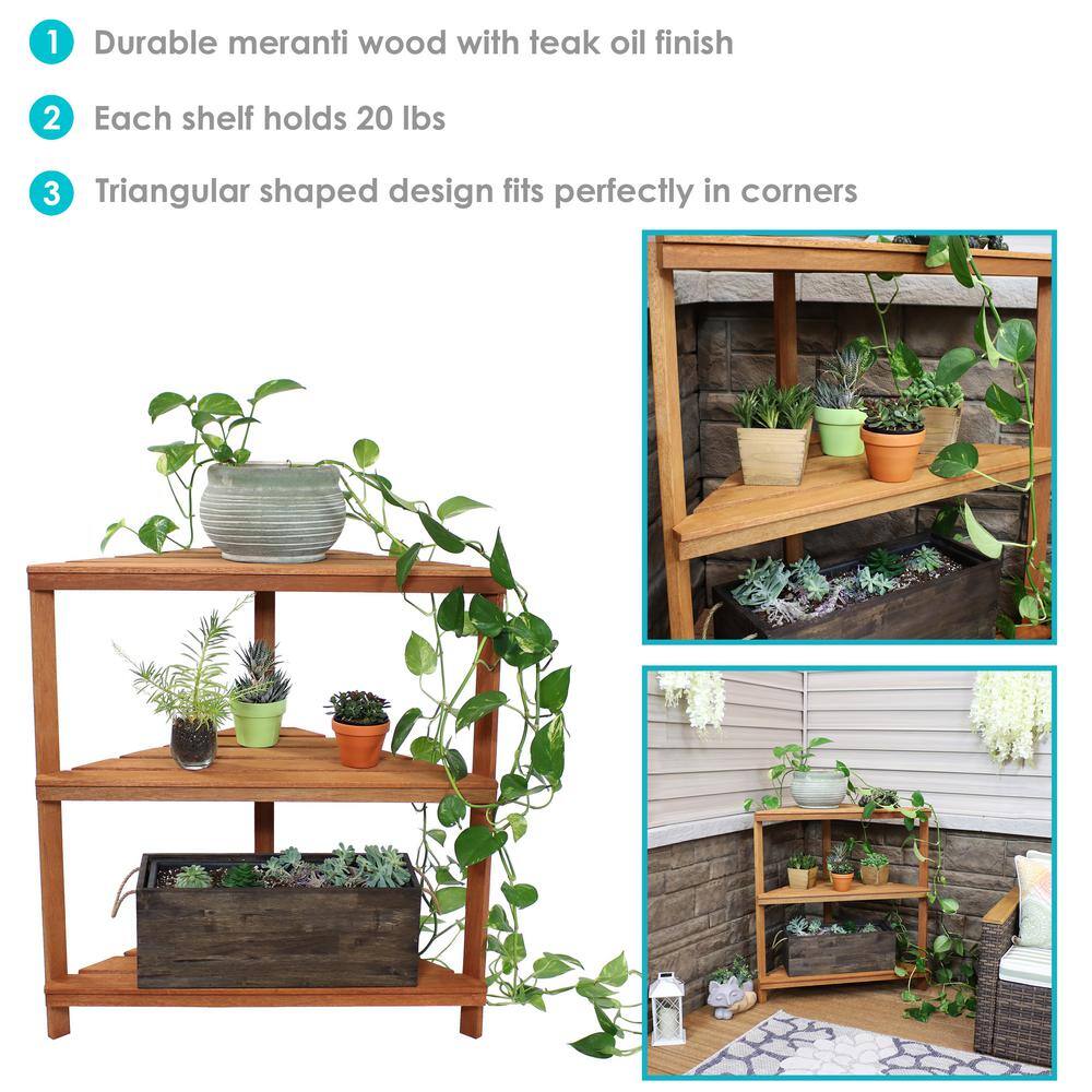 Sunnydaze Meranti Wood Teak Oil 3-Tier IndoorOutdoor Corner Plant Stand LAM-646