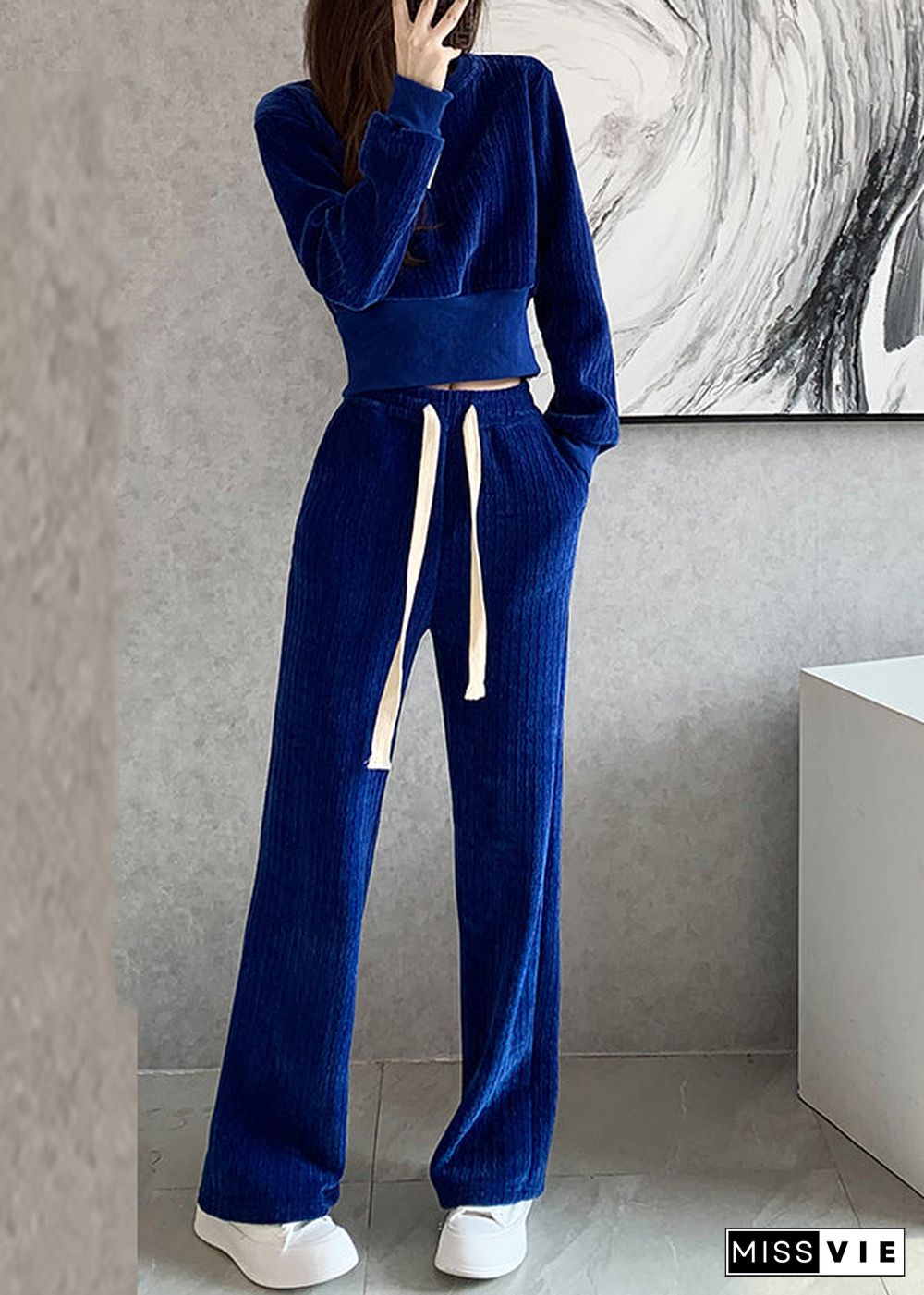 Natural Blue O-Neck Top And Wide Leg Pants Two Pieces Set Long Sleeve