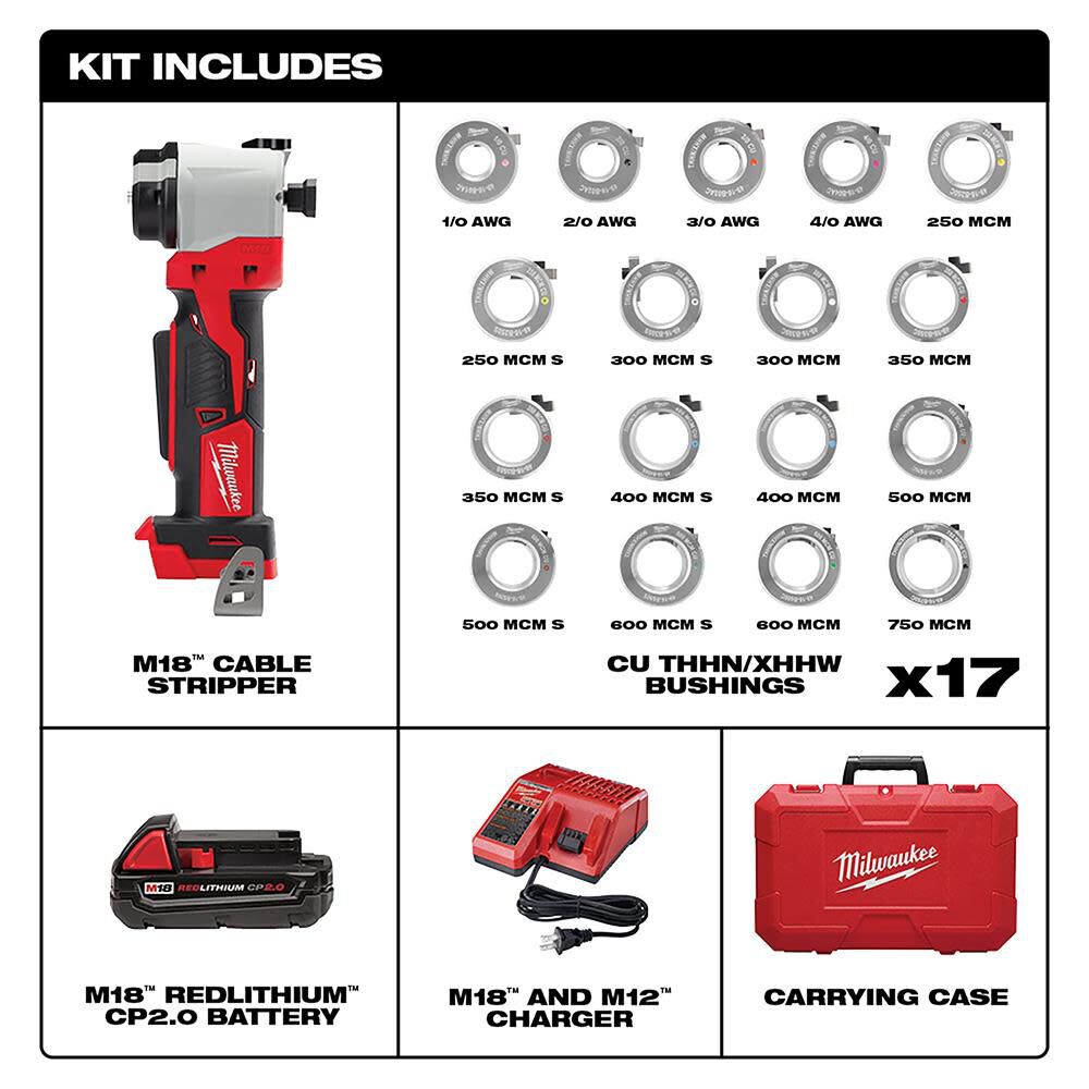 Milwaukee M18 Cable Stripper Kit with 17 Cu THHN / XHHW Bushings 2935CU-21S from Milwaukee