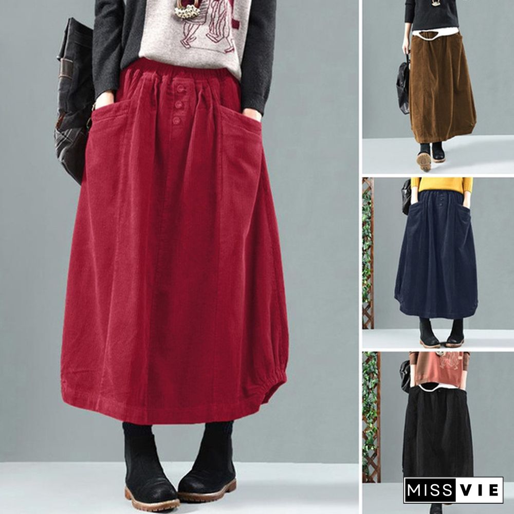 Women High Waist Oversized Loose Dress Button Down Corduroy Long Maxi Skirt Plus Size