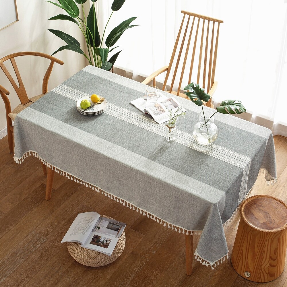 Enova Home Light Grey High Quality Rectangle Cotton and Linen Tablecloth with Tassels