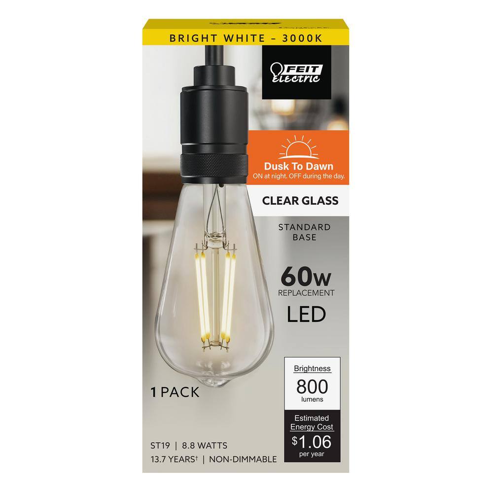 Feit Electric 60-Watt Equivalent ST19 Straight Filament Dusk to Dawn Clear Glass E26 Vintage Edison LED Light Bulb Bright White ST19CL930CADDHDRP