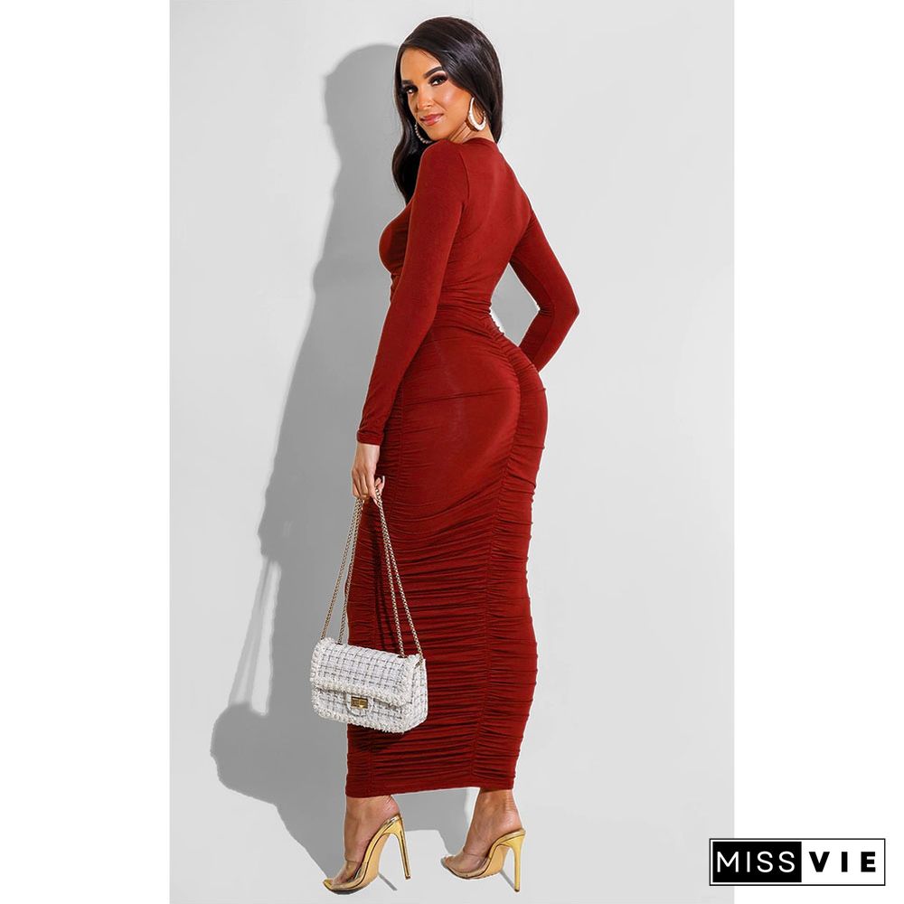 Long Sleeve Round Neck Pleated Bodycon Dress