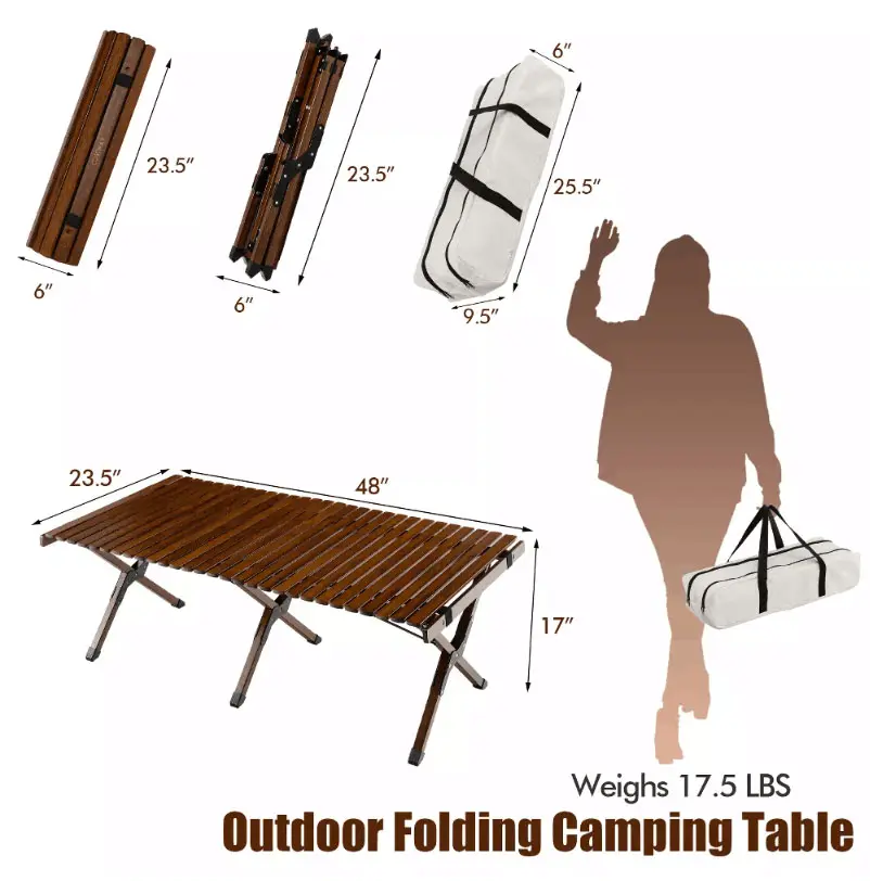 HOTO Outdoor High Quality Solid Wood Egg Roll Table Camp  Picnic Beach Wood Table Portable Camping Folding Table