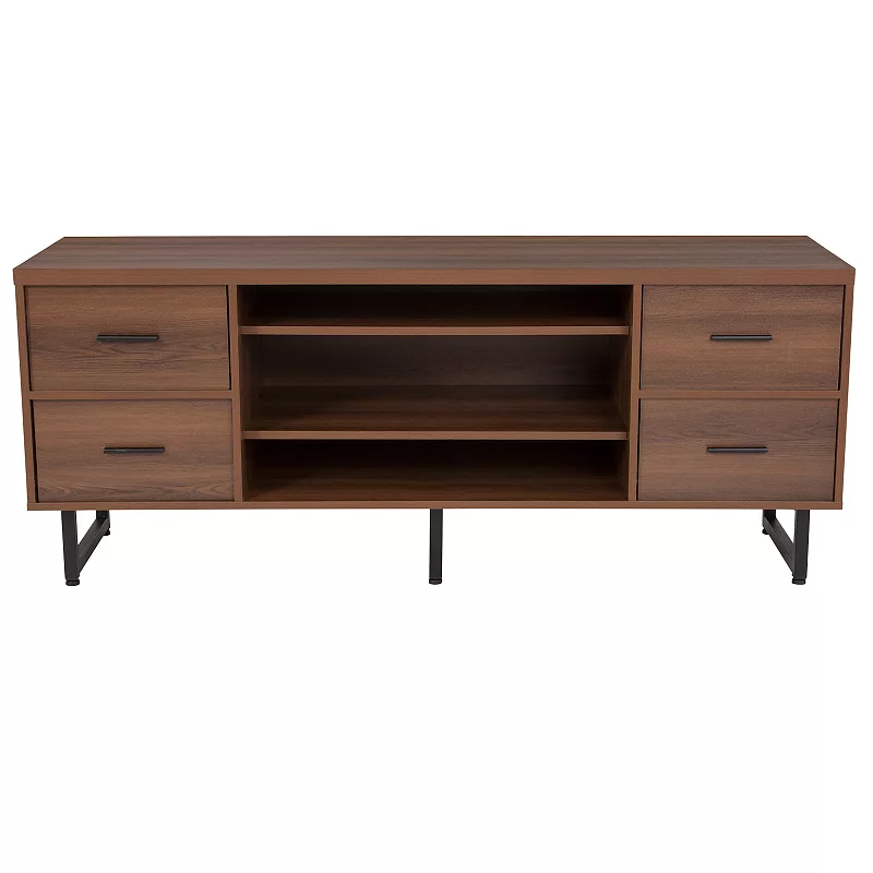 Merrick Lane Cambridge Three Shelf and Four Drawer TV Stand in Rustic Wood Grain Finish with Square Metal Legs