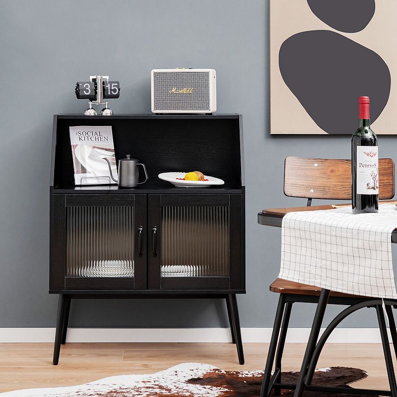 Kitchen Sideboard Buffet with Open Cubby and 2 Glass Doors-Black