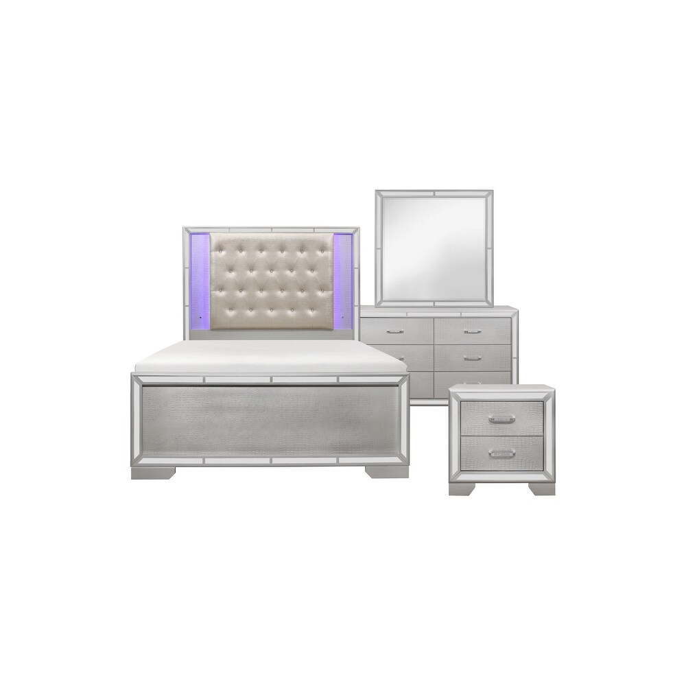 Bennett 3 Piece Silver Modern Faux Leather LED Upholstered Tufted Panel Bedroom Set