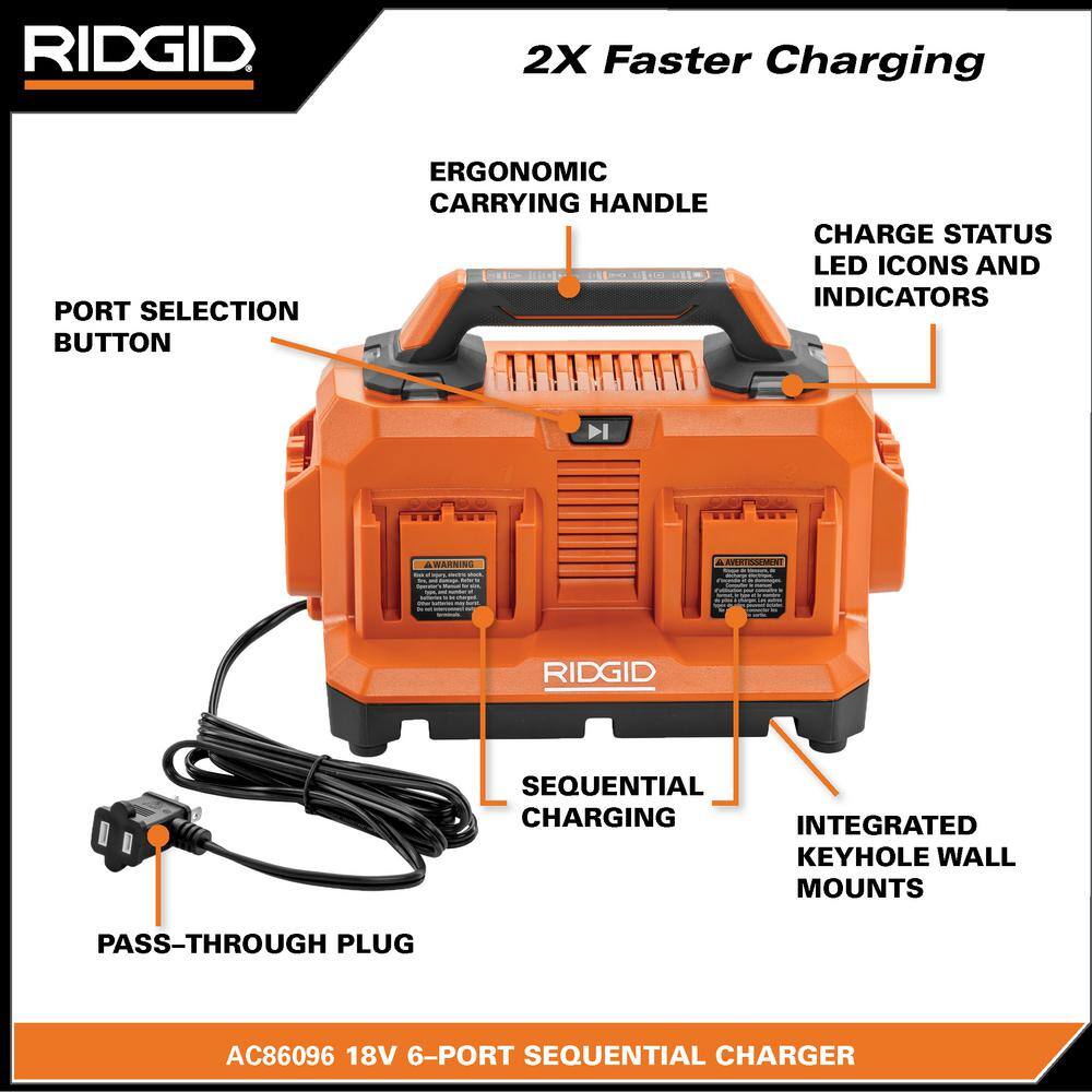 RIDGID 18V Brushless 14 in. String Trimmer Kit with 4.0Ah Battery Charger 6-Port Charger  6.0Ah MAX Output Battery (2-Pack) R01201KVNM-AC86096-AC840060PN