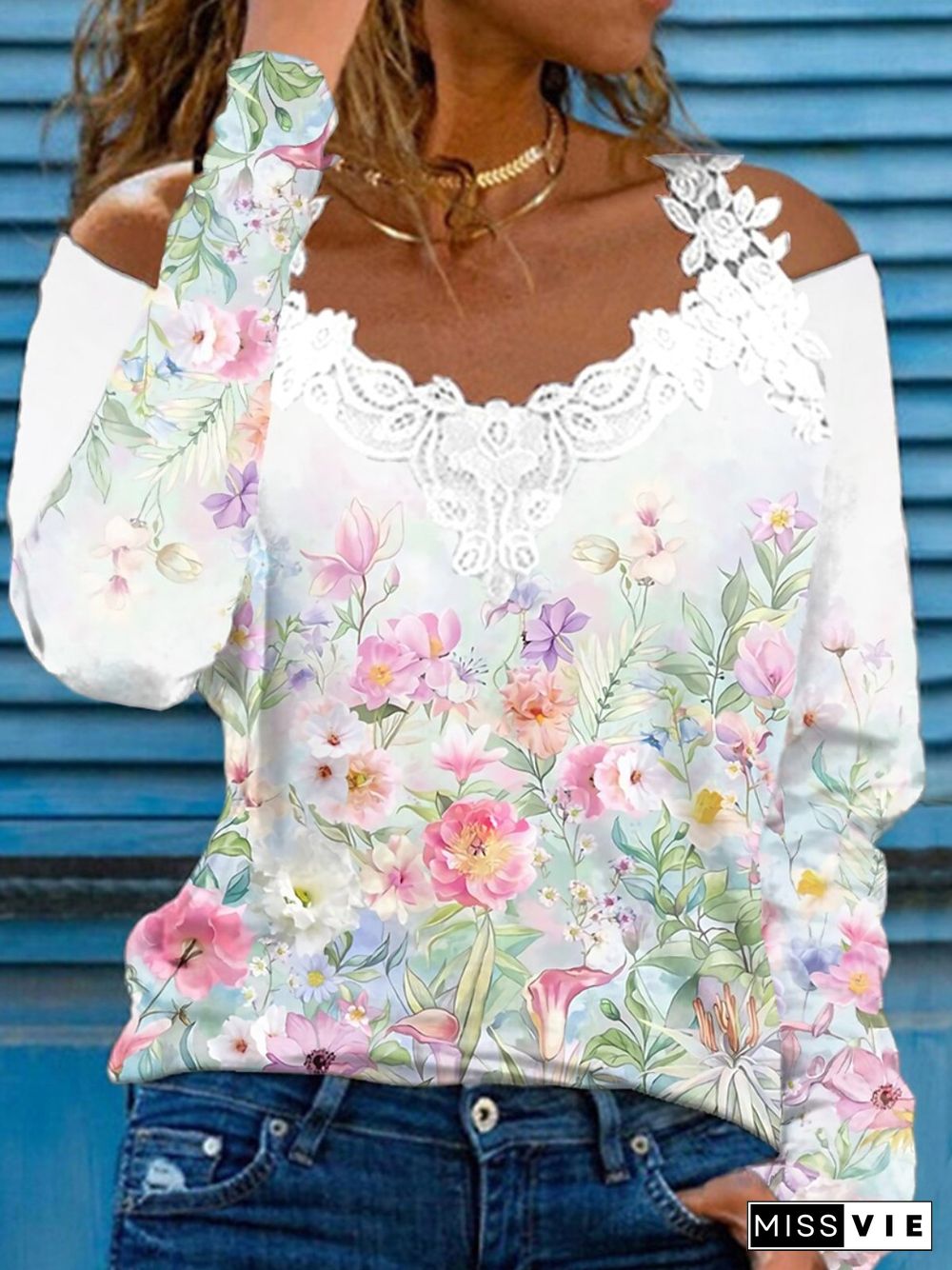 Casual Floral Long Sleeve V Neck Printed Tops T-shirts