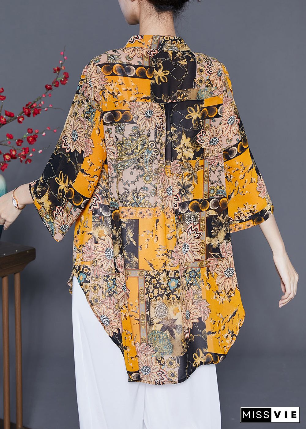 Handmade Yellow Oversized Print Chiffon Shirts Summer