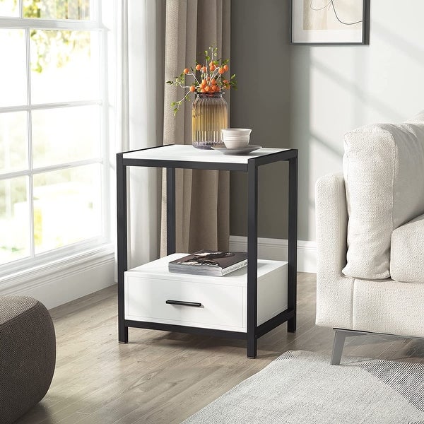 Industrial End Table with Drawer and Storage Shelves， Side Table and Nightstands