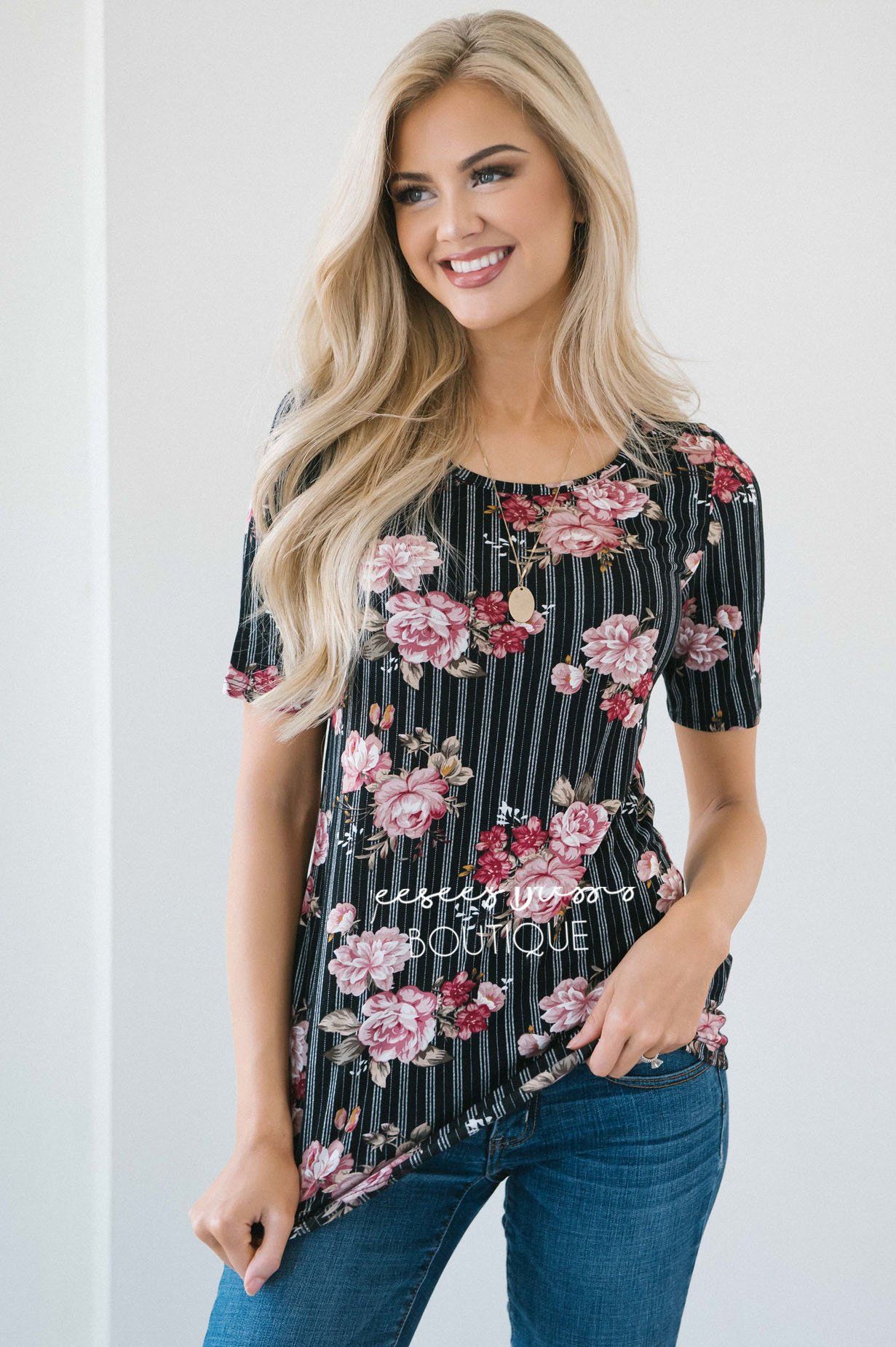 Black Pinstripe Floral Scoop Neck Top