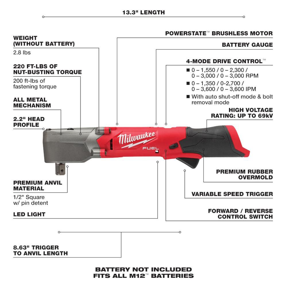 Milwaukee M12 FUEL 1/2" Right Angle Impact Wrench with Pin Detent Reconditioned 2565P-80 from Milwaukee