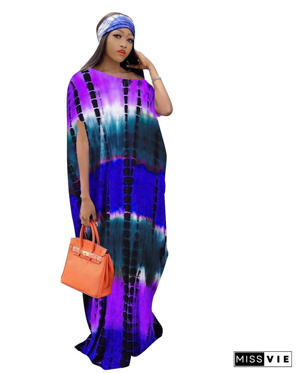 Summer Tie Dye Print Diagonal Callar Short Sleeve Casual Women Pullover Loose Long Dress