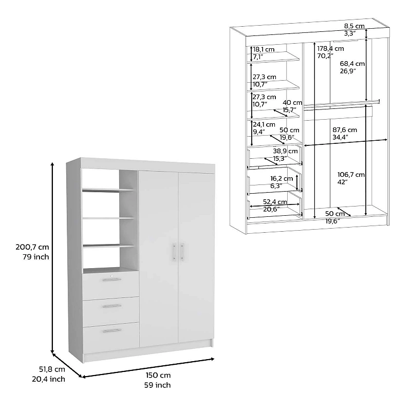 DEPOT E-SHOP Laurel 3-Tier Shelf and Drawers Armoire with Metal Handles， White