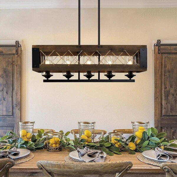 Farmhouse 32-in Linear 5-Light Wood Chandelier Rustic Island Lights