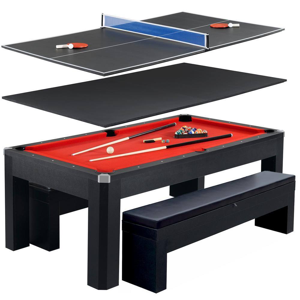 Hathaway Park Avenue 7 ft. Pool Table Tennis Combination with Dining Top 2 Storage Benches and Free Accessories BG2530PR