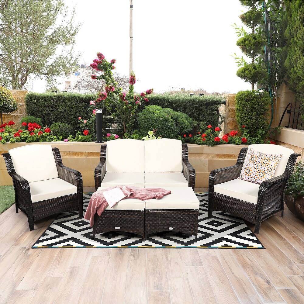 Costway 5PCS Patio Rattan Furniture Set Loveseat Sofa Ottoman