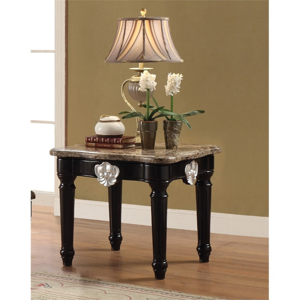 ACME Ernestine Marble Top End Table with Carved in Black   Traditional   Side Tables And End Tables   by Homesquare  Houzz