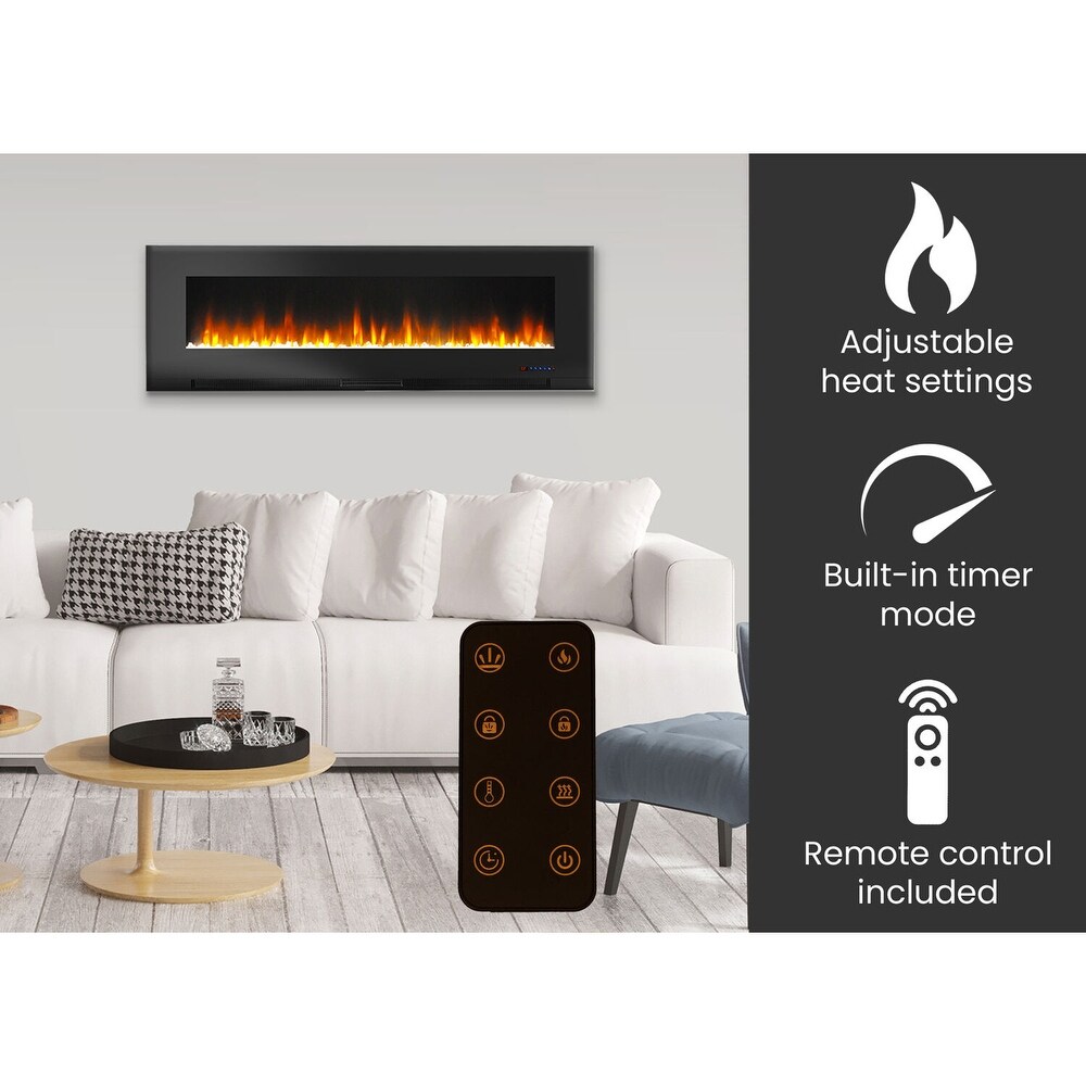 Hanover 60 In. Wall Mount Electric Fireplace in Black with Multi Color Flames and Crystal Rock Display