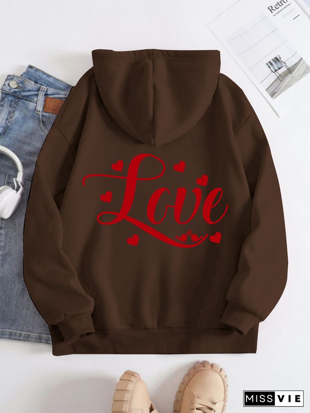 Printed on the Back Kangaroo Pocket Hoodie Long Sleeve for Women Pattern Love