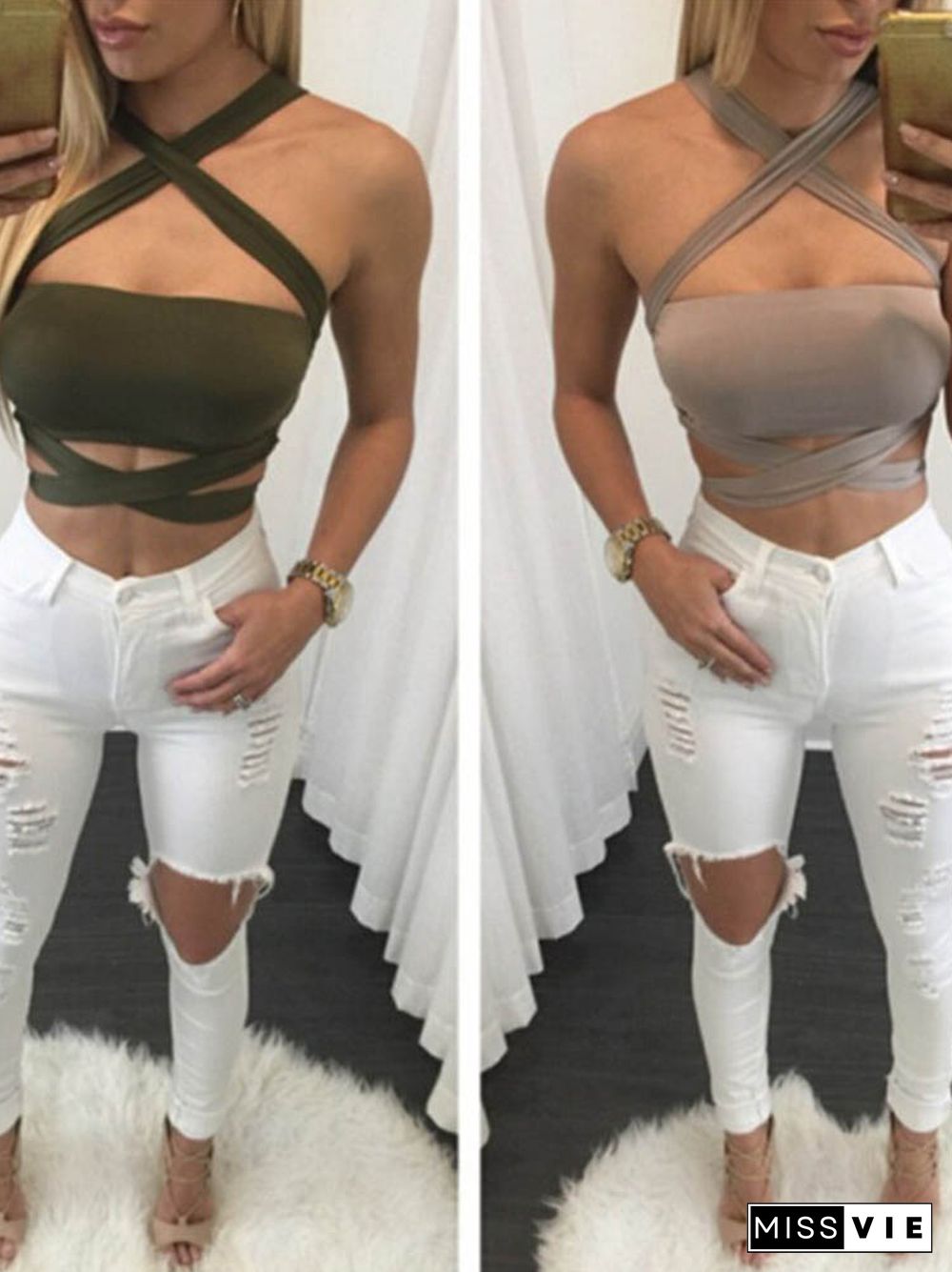 Women Summer Sexy Criss Cross Halter Bandage Crop Top Tank Cut Out Bustier Cami