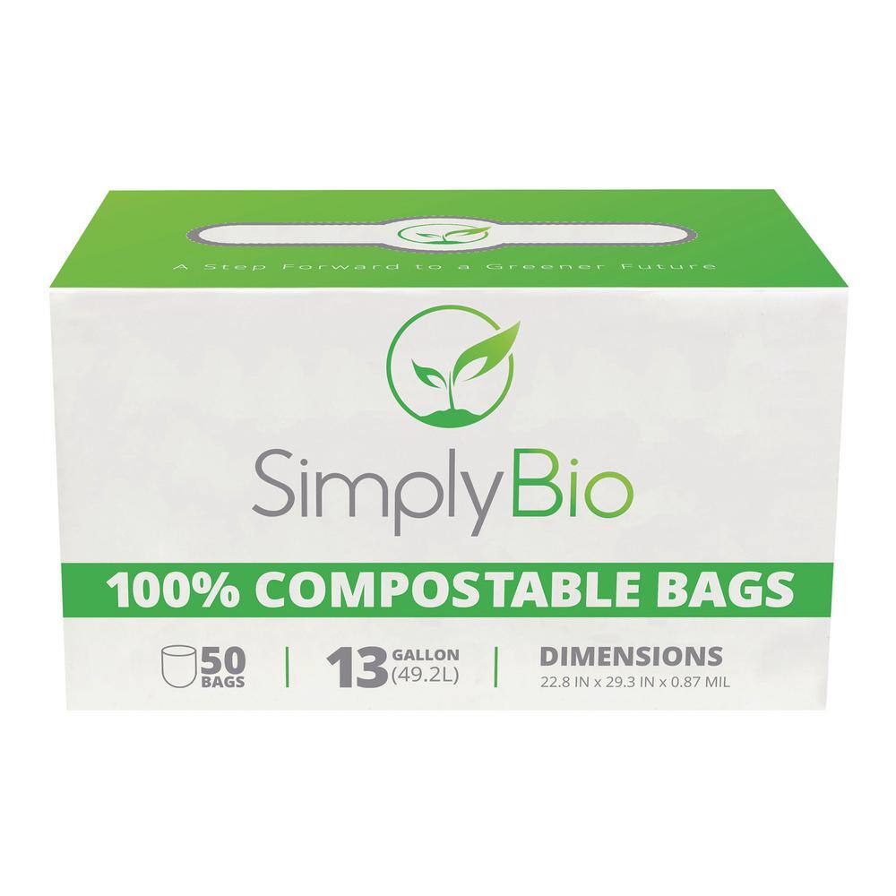 Simply Bio 13 Gal. Compostable Trash Bags with Flat Top Eco-Friendly Heavy-Duty (50-Count) SB-13GAL-F-50PK