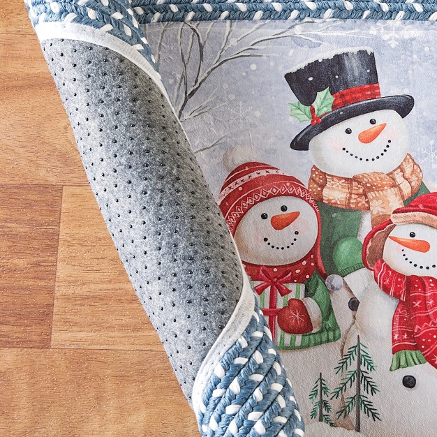 Collections Etc Festive Snowman Family Kitchen Rug With Blue Braided Border