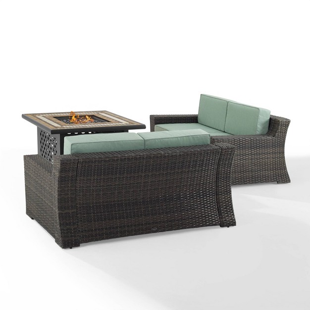 Beaufort 3 Pc Outdoor Wicker Conversation Set 2 Loveseats With Fire Table Mist brown Crosley