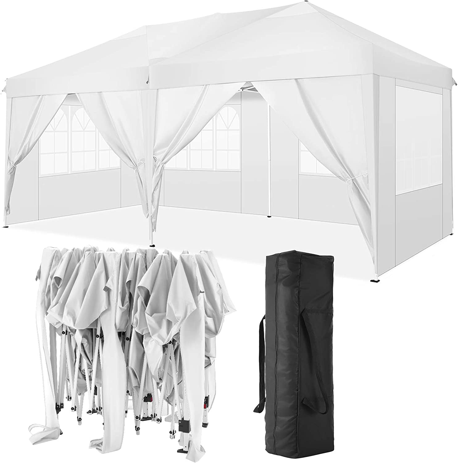 10 x 20ft Pop Up Canopy Tent Instant Outdoor Party Canopy Straight Leg Commercial Gazebo Tent Shelter with 6 Removable Sidewalls and Carrying Bag, White