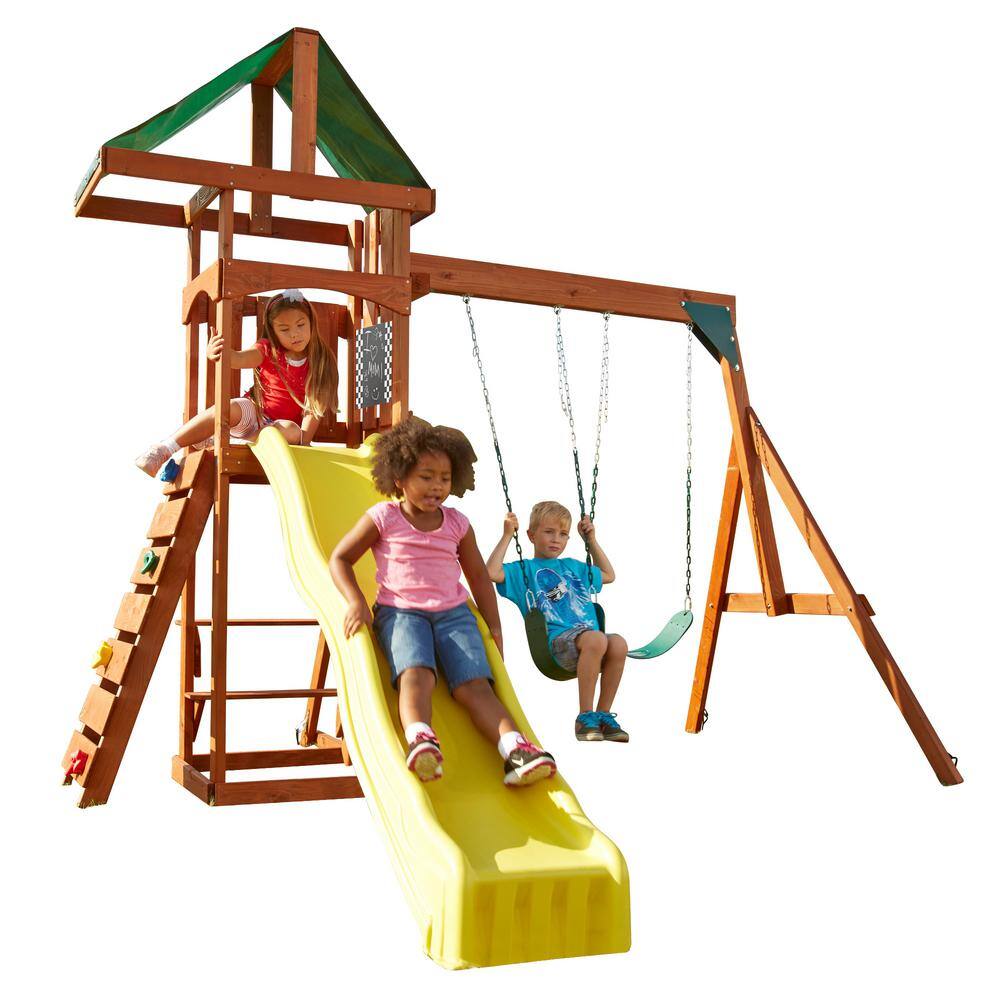 Swing-N-Slide Playsets Scrambler Deluxe Complete Wooden Outdoor Playset with Slide Rock Wall Swings and Backyard Swing Set Accessory PB 8000