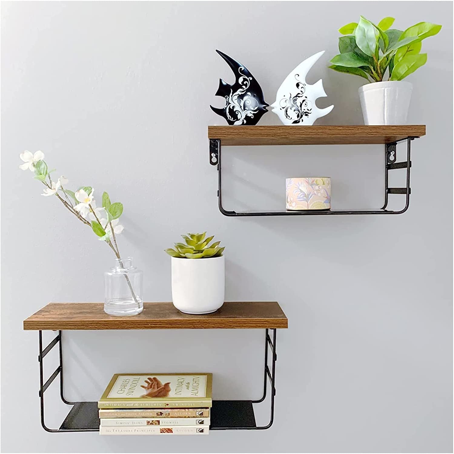 2 Tier Floating Wall Shelves Set of 2, Rustic Black Metal Shelf for Bathroom, Bedroom, Living Room, Laundry Room, Kitchen