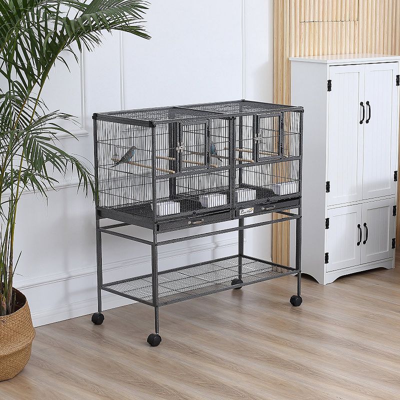 PawHut Double Rolling Bird Cage with Removable Metal Tray and Storage Shelf