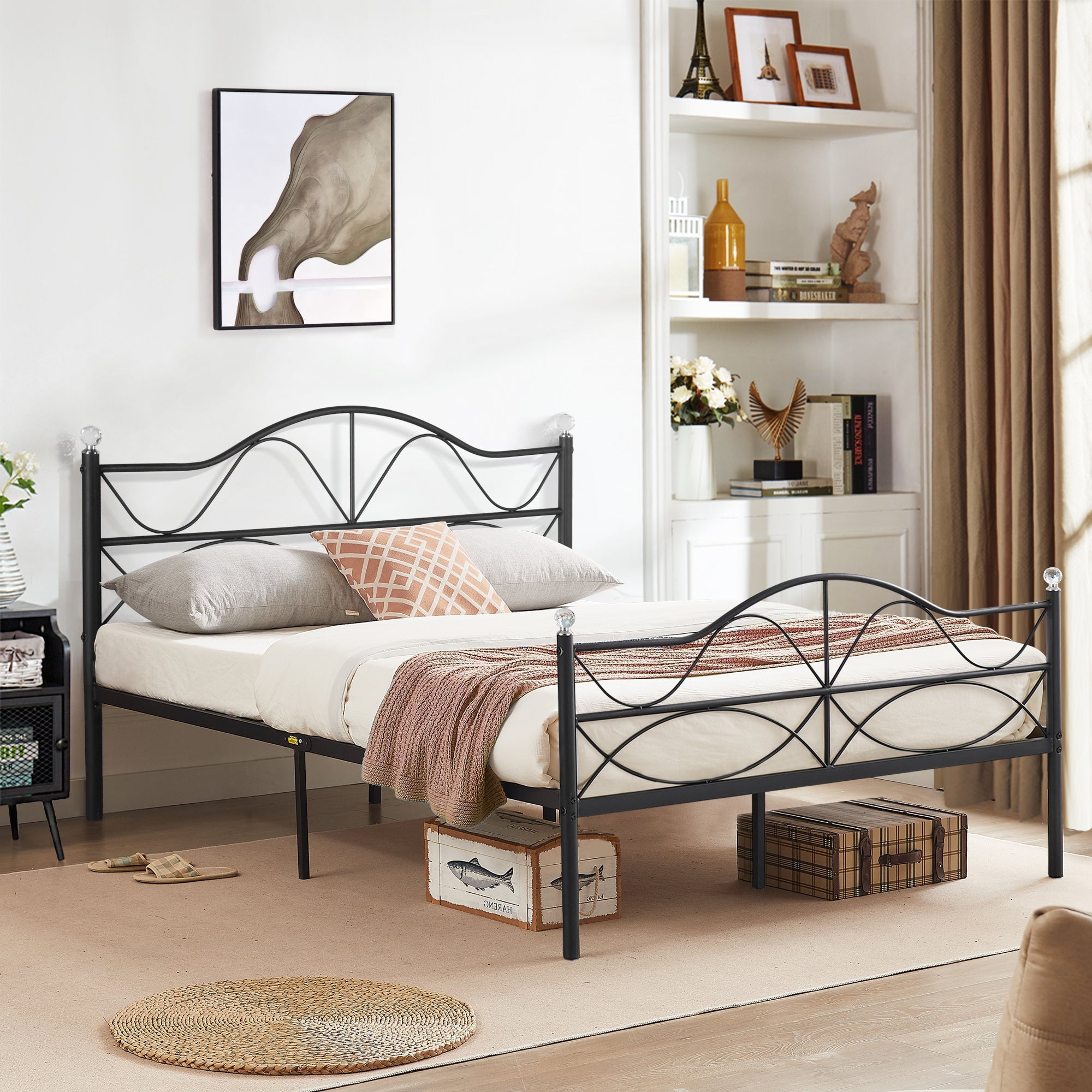 Victorian Twin Size Platform Bed Frame with Headboard and Footboard, Metal Slats Support, Black