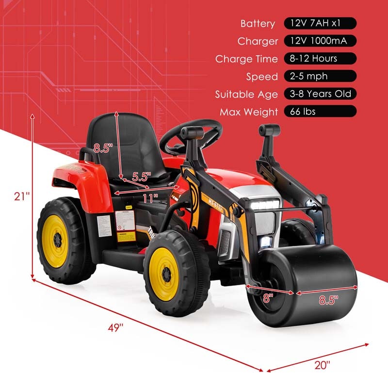 12V Kids Ride On Road Roller with Drum Roller, Battery Powered Electric Tractor RC Construction Vehicle