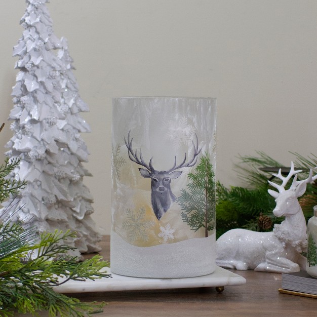 Deer Pine And Snowflakes Hand Painted Flameless Glass Christmas Candle Holder