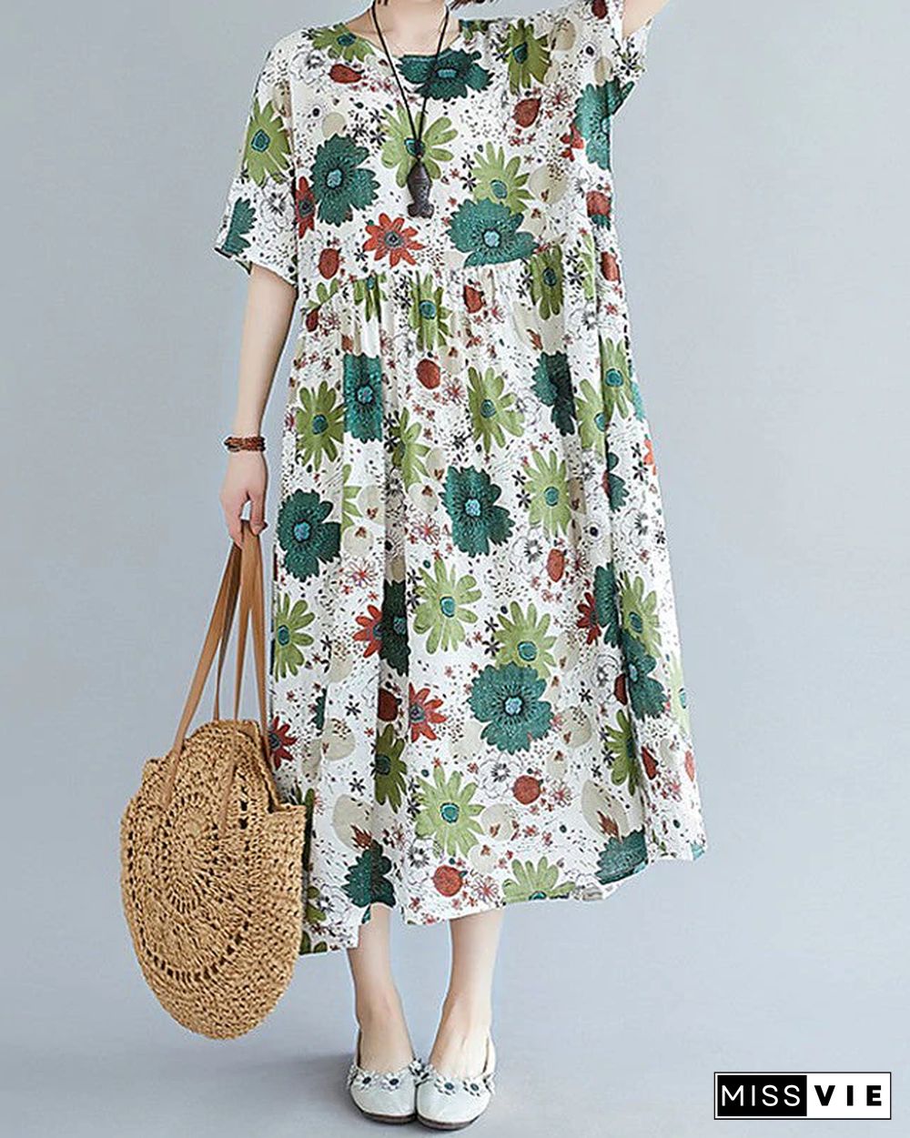 Women's Swing Dress Maxi long Dress - Short Sleeve Floral Patchwork Print Summer Fall Elegant Casual Blue Red Green S M L XL XXL 3XL 4XL 5XL