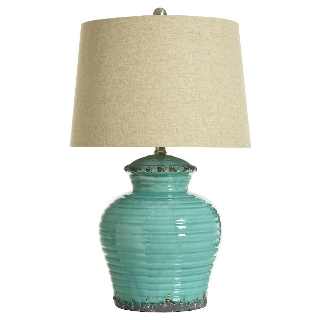 Turquoise Ceramic Table Lamp With Beige Hardback Linen Shade Stylecraft