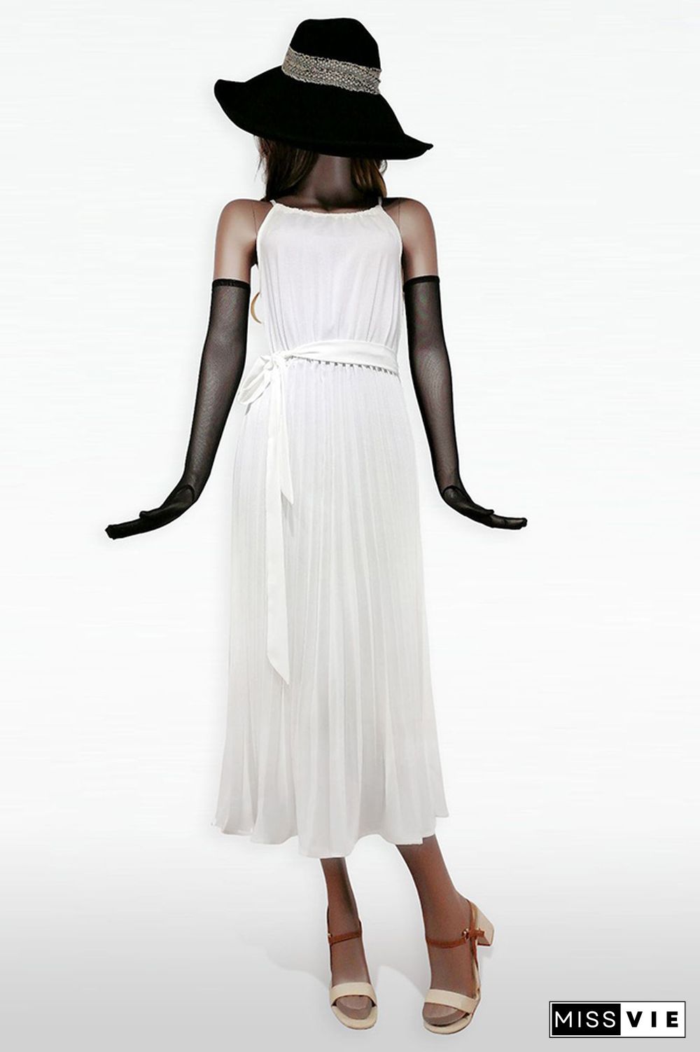 Plain Halter Pleated Maxi Dress With Sash