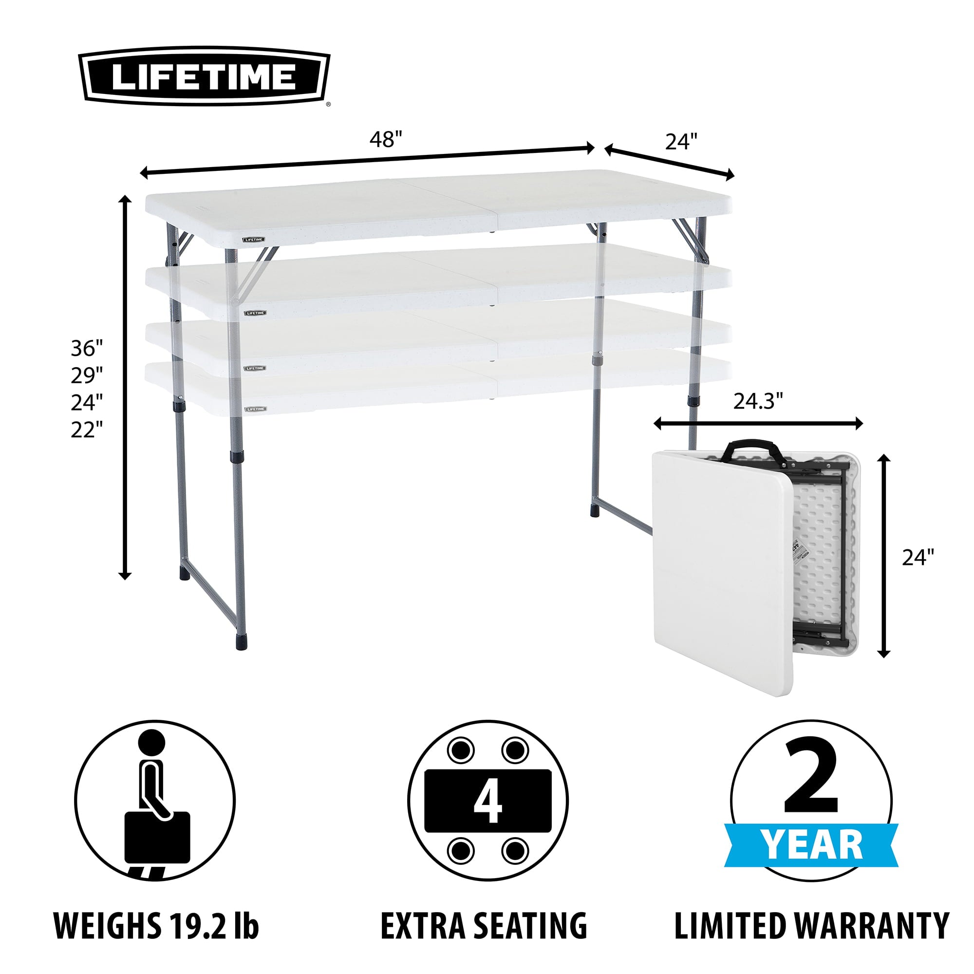 Lifetime 4' Fold-In-Half Adjustable Table, White Granite