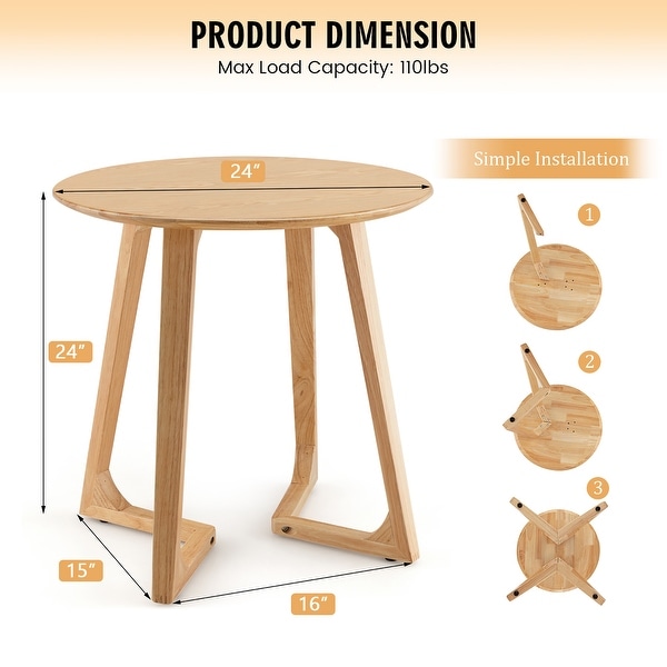 Costway 24'' Round Side Table Solid Rubber Wood End Table Beside - 24'' x 24'' x 24'' (L x W x H)