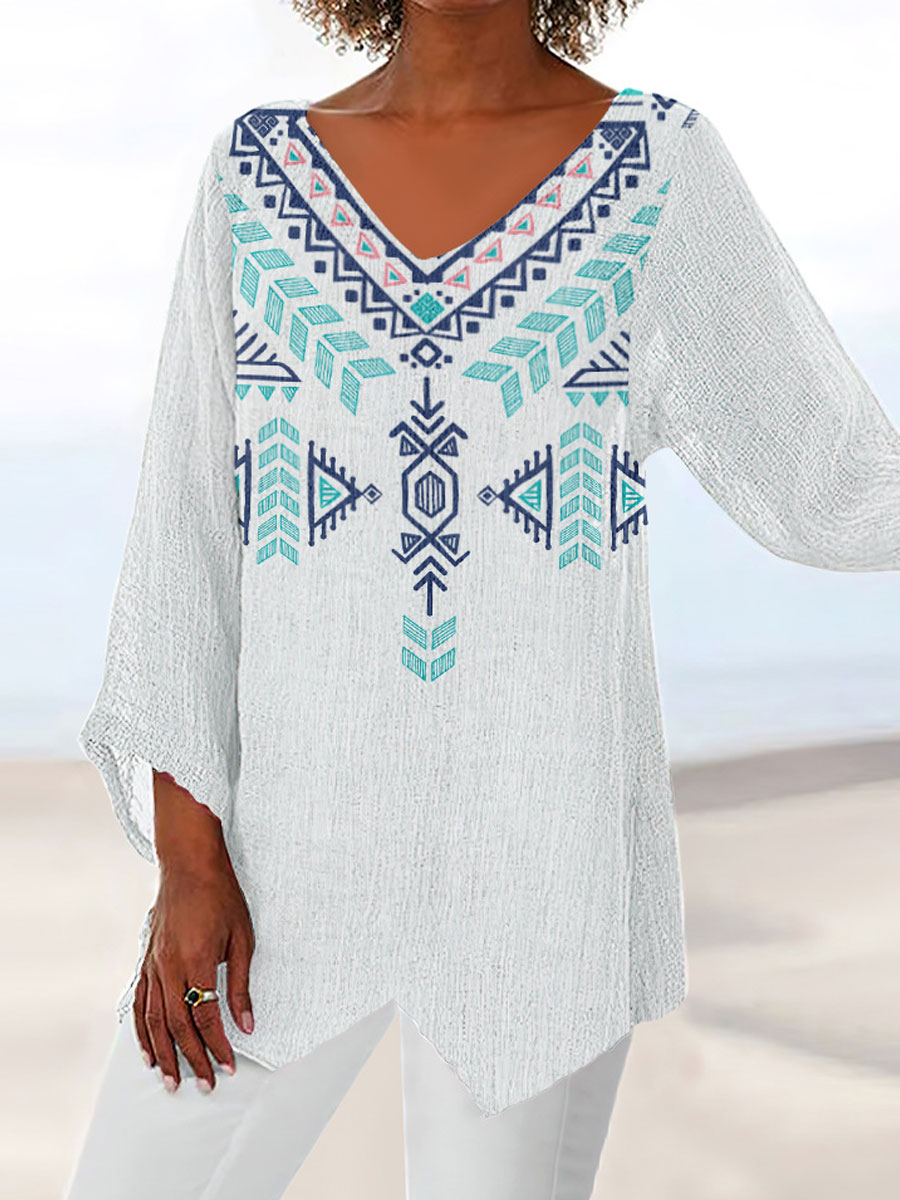 V-neck Casual Loose Maple Leaf Print Long Sleeve Blouse