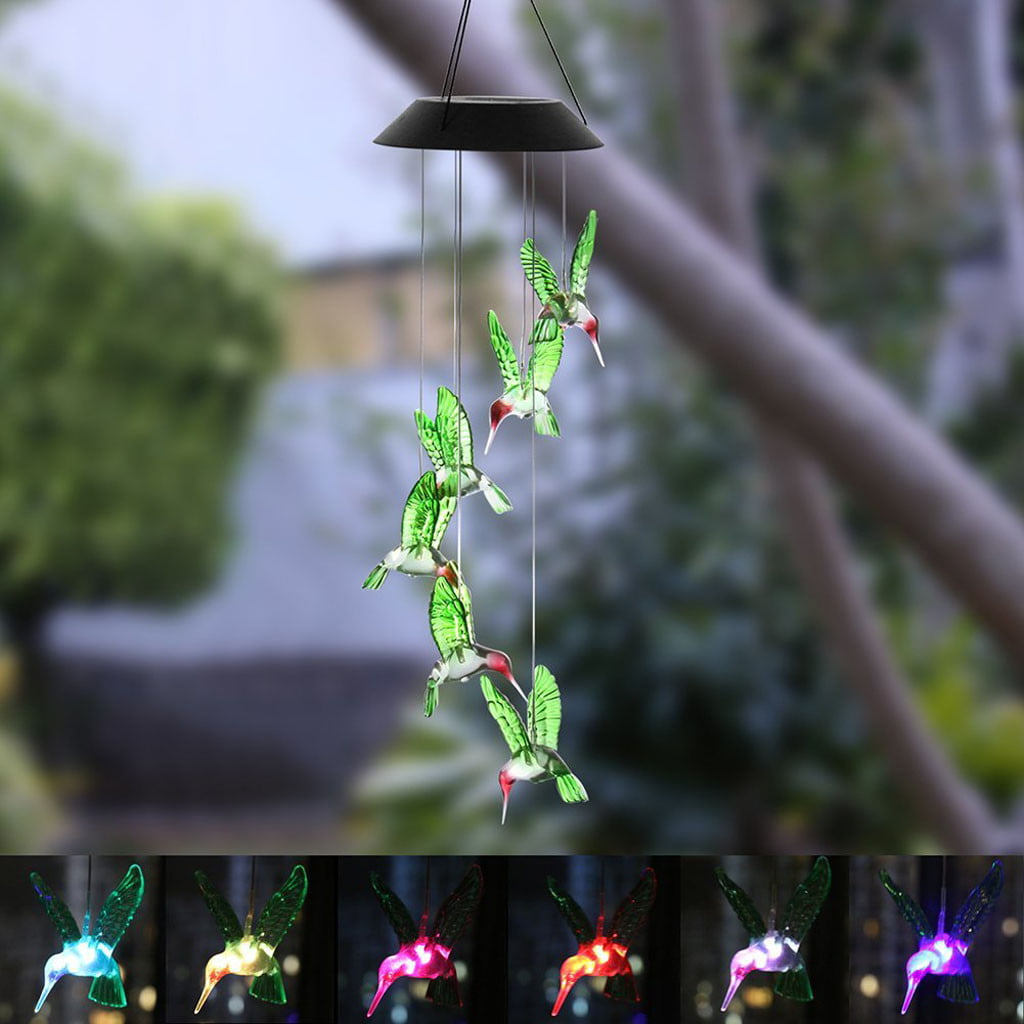 Pompotops Color Changing LED Solar Wind Chime Hummingbird Wind for Gardening Lighting