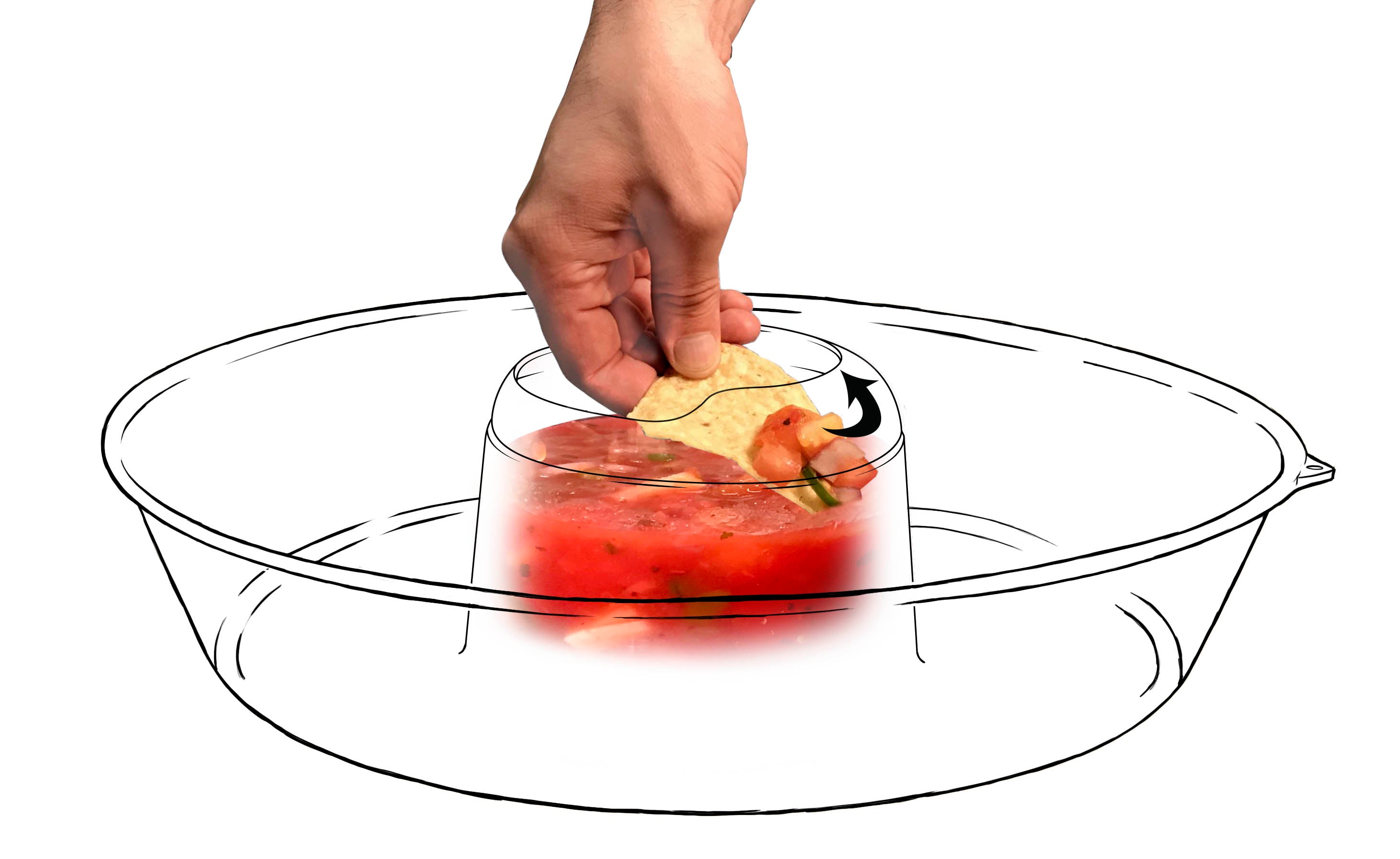 Jokari Less Mess Serving Bowl for Dips， Chips， Veggies and Snacks. Red Rimmed Bowl to Scrape Extra Dip